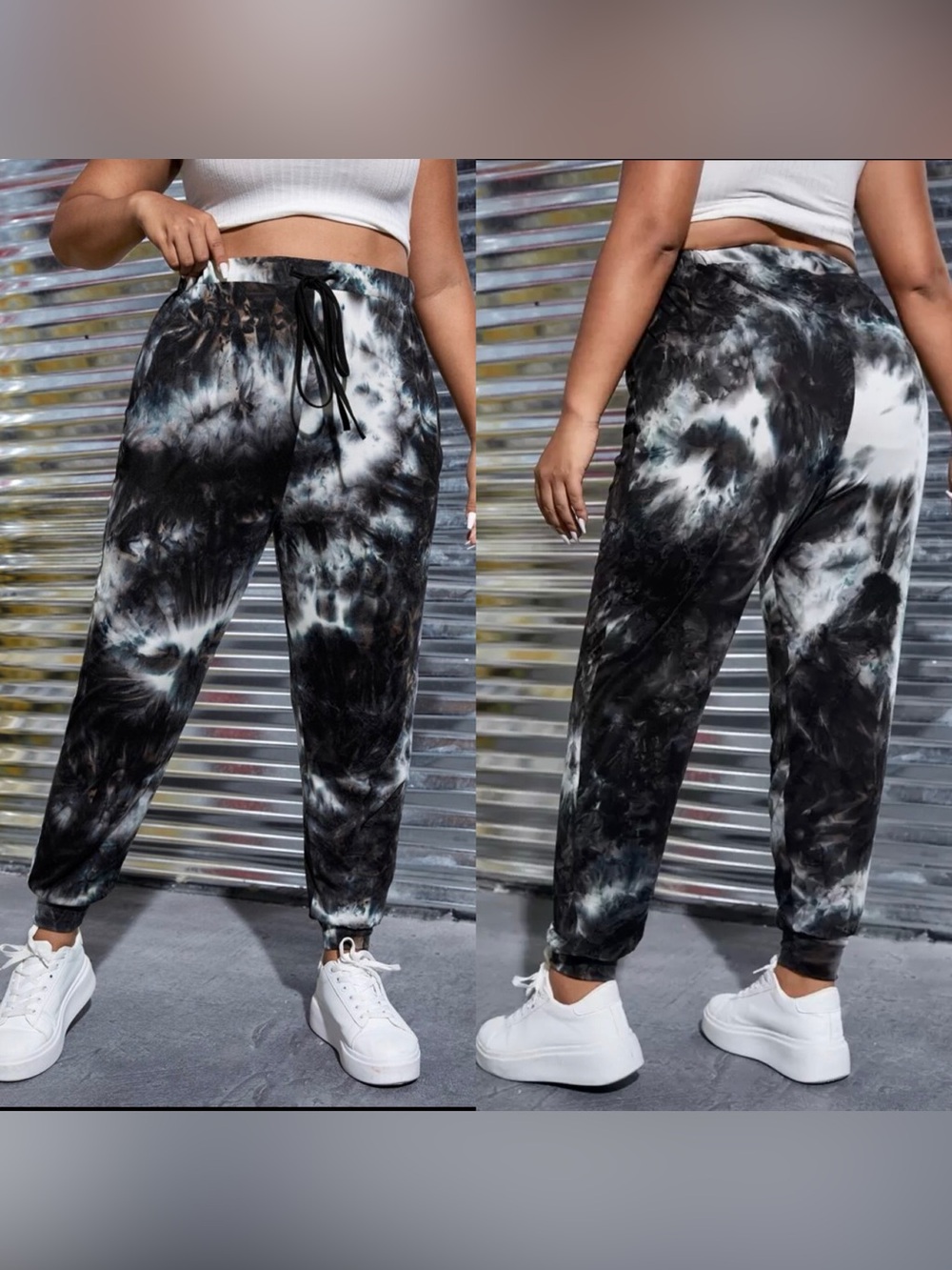 SHEINCurve Tie-Dye Jogger Pants in Black & White